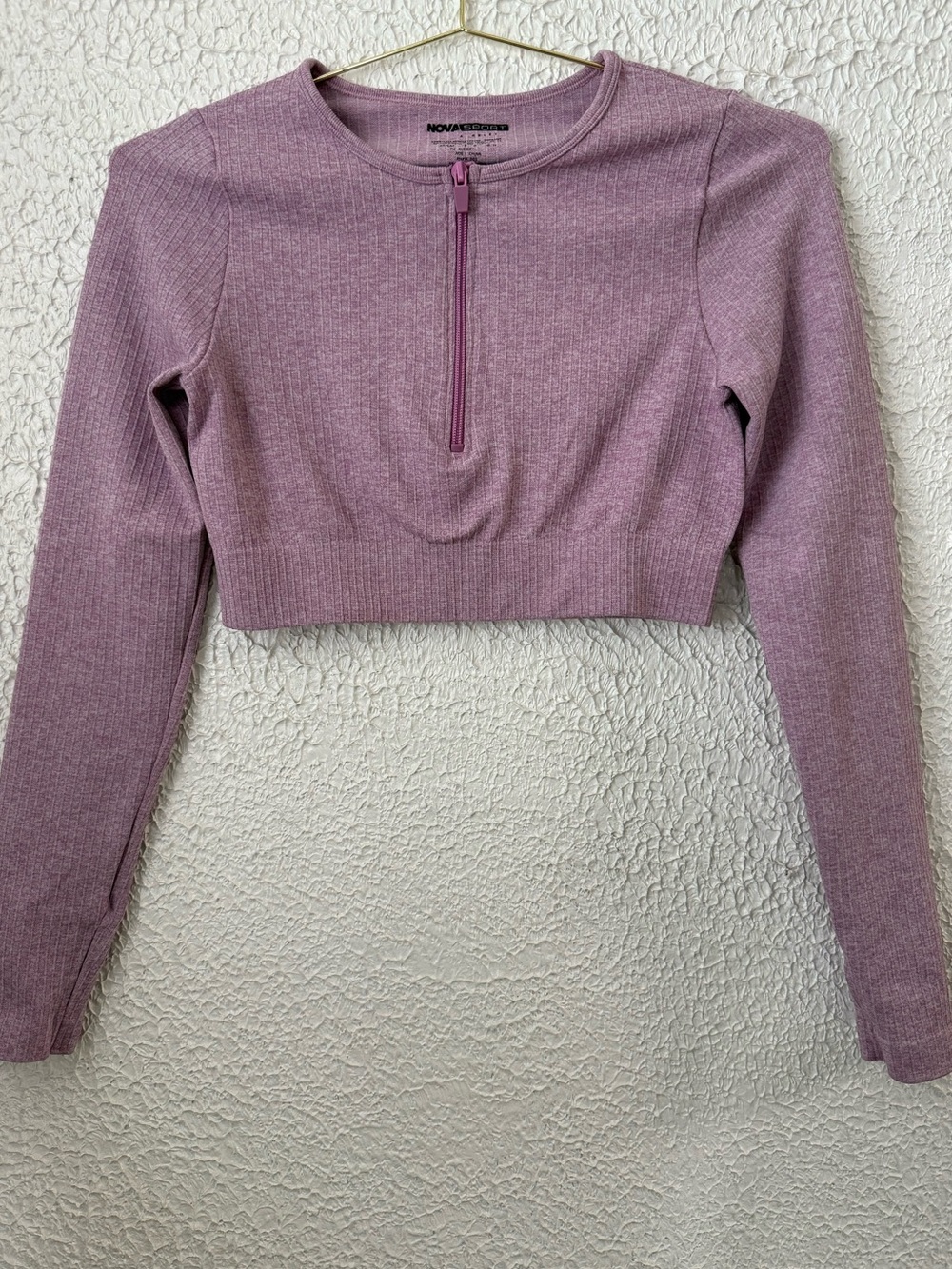 Nova Sport Ribbed Long Sleeve Half Zip Crop Top Pink Size S/M Y2K Athleisure